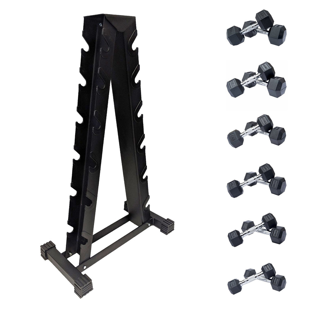 to 10kg Rubber Hex Dumbbell Set Storage Rack 6 Pairs
