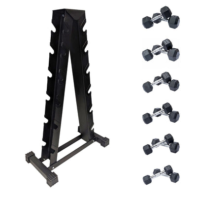 |DKN 2kg to 10kg Rubber Hex Dumbbell Set with Storage Rack 6 Pairs - New|