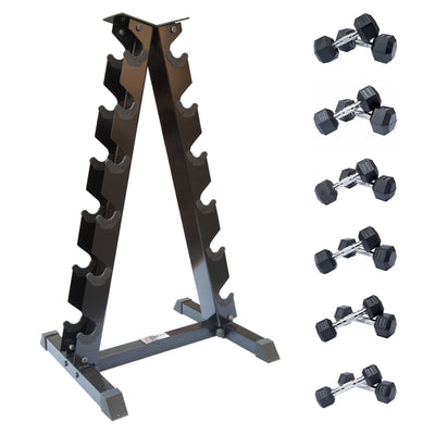 |DKN 2kg to 10kg Rubber Hex Dumbbell Set with Storage Rack 6 Pairs|
