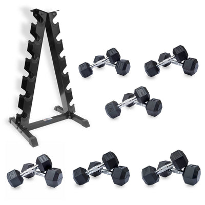 |DKN 4kg to 10kg Rubber Hex Dumbbell Set with Storage Rack - 6 Pairs|
